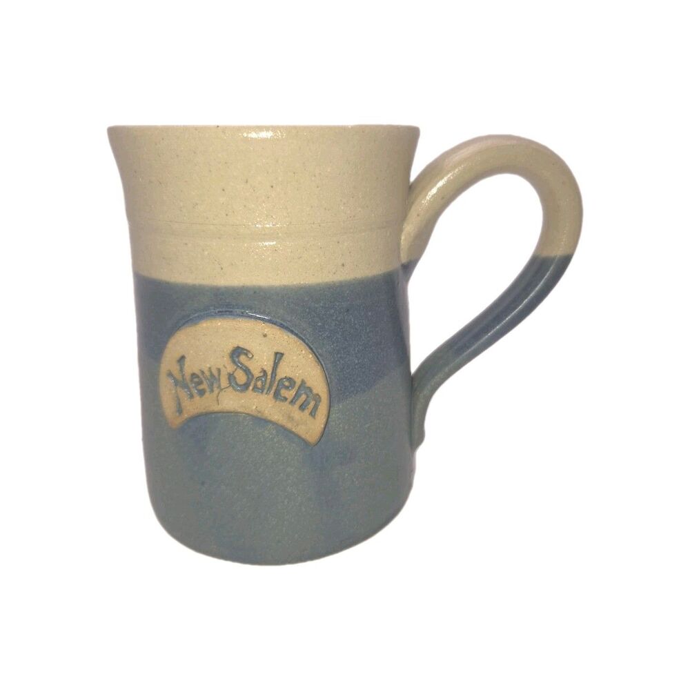 New Salem Stoneware Mug Cup Signed Kirby Studio Art Pottery Tan Blue 12 Ounce